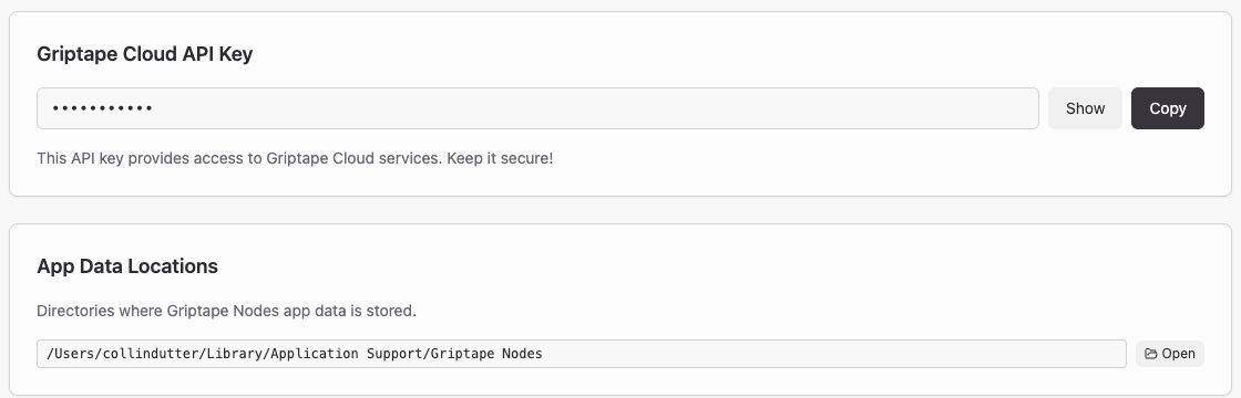 Griptape Cloud API Key 與 App Data Locations 區塊