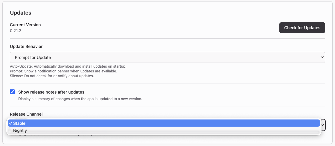 Release Channel 下拉選單，顯示 Stable 與 Nightly