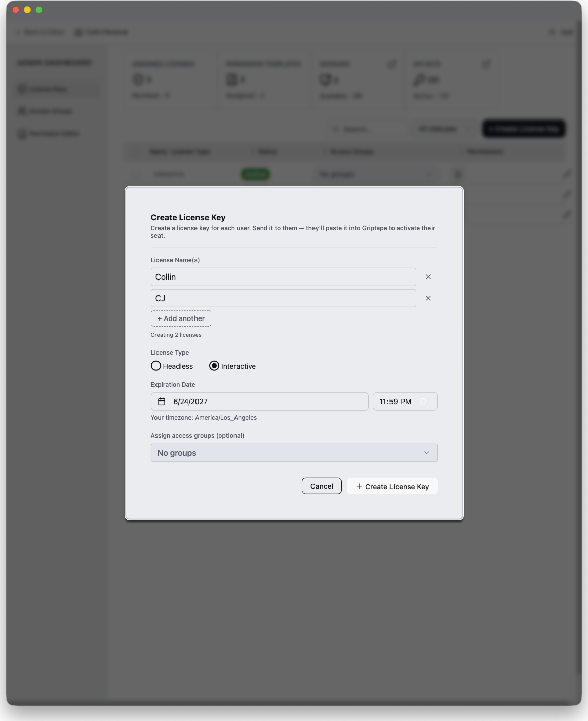 Create License Key 對話方塊