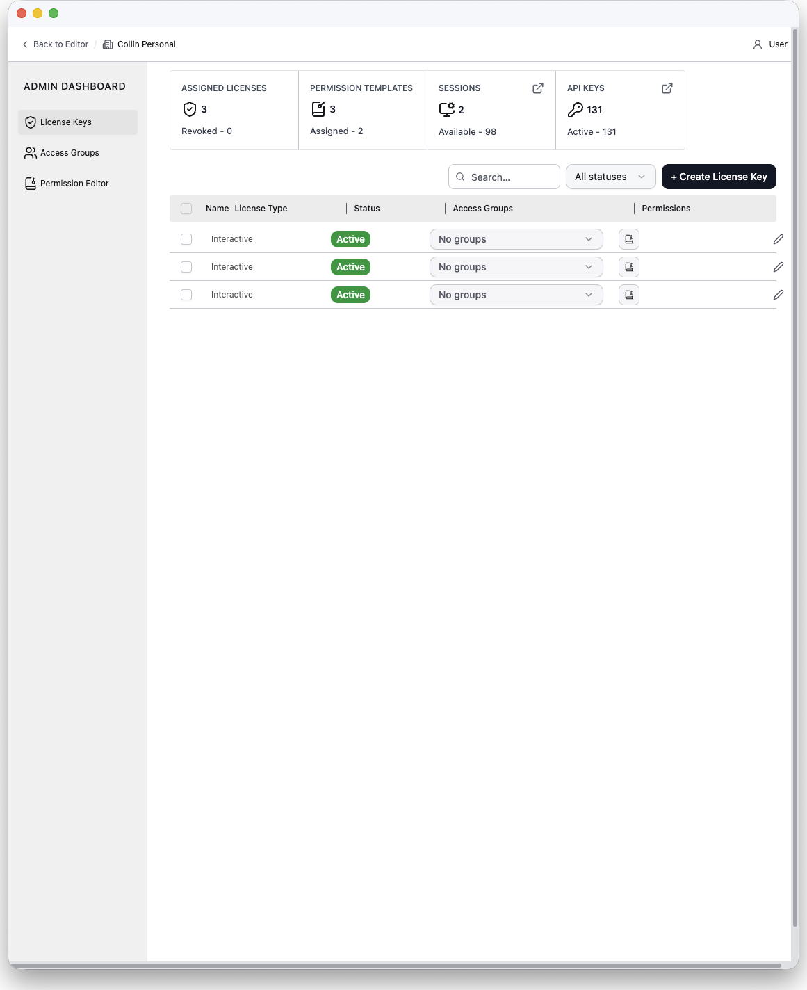 包含統計列與授權表格的 License Keys 頁面