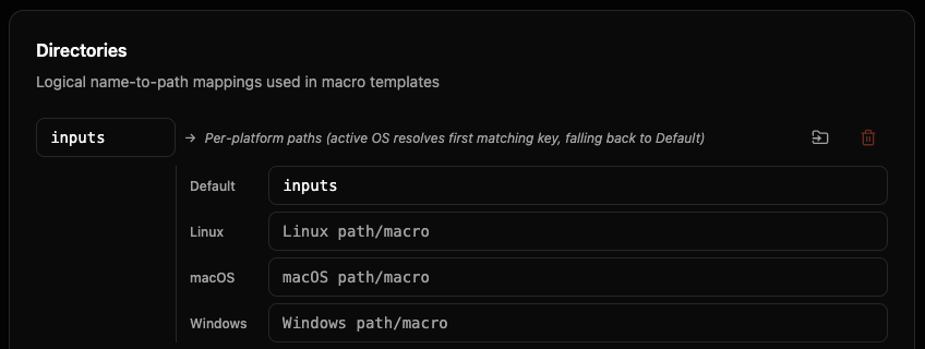 展開後的目錄條目，分別展示 Default、Linux、macOS 與 Windows 路徑欄位