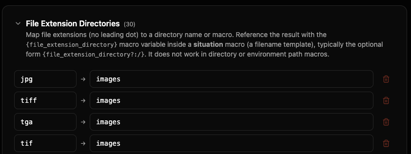 展開的 File Extension Directories 區塊，展示副檔名至資料夾的映射