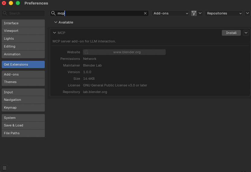 Get Extensions 中的 Blender MCP 擴充套件