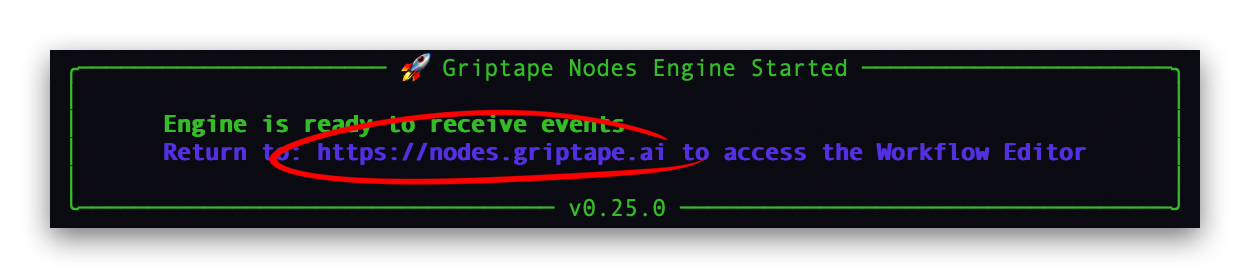 終端機中的 Griptape Nodes 啟動連結